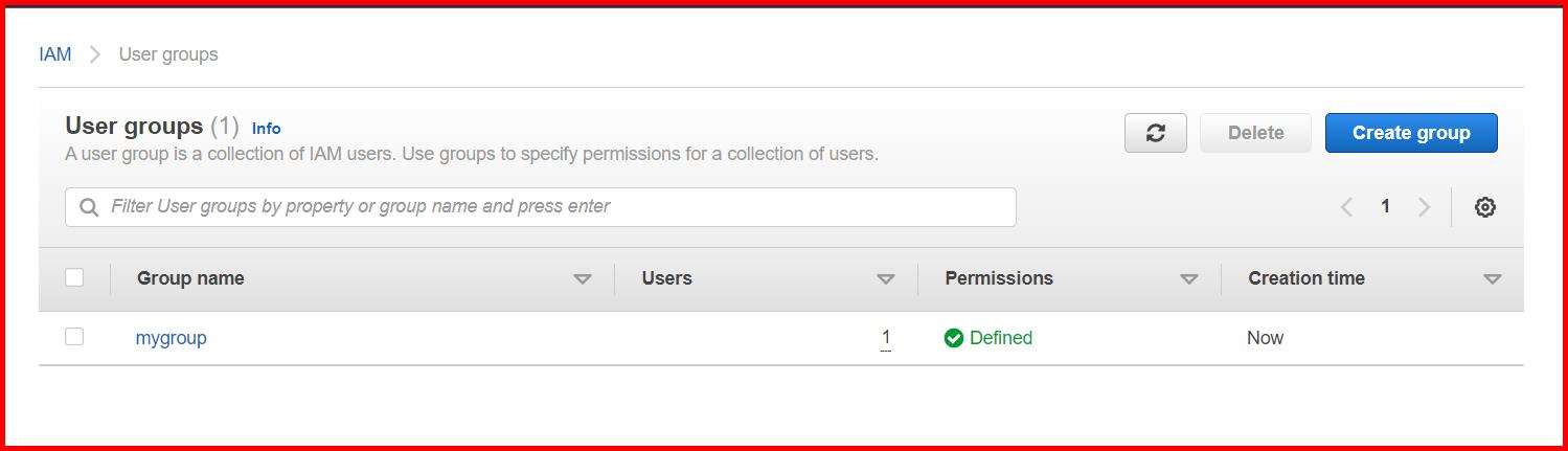 Picture showing the user group created in the aws console